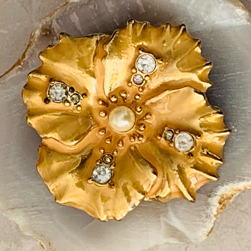 Golden Yellow Floral Brooch with Crystal Accents